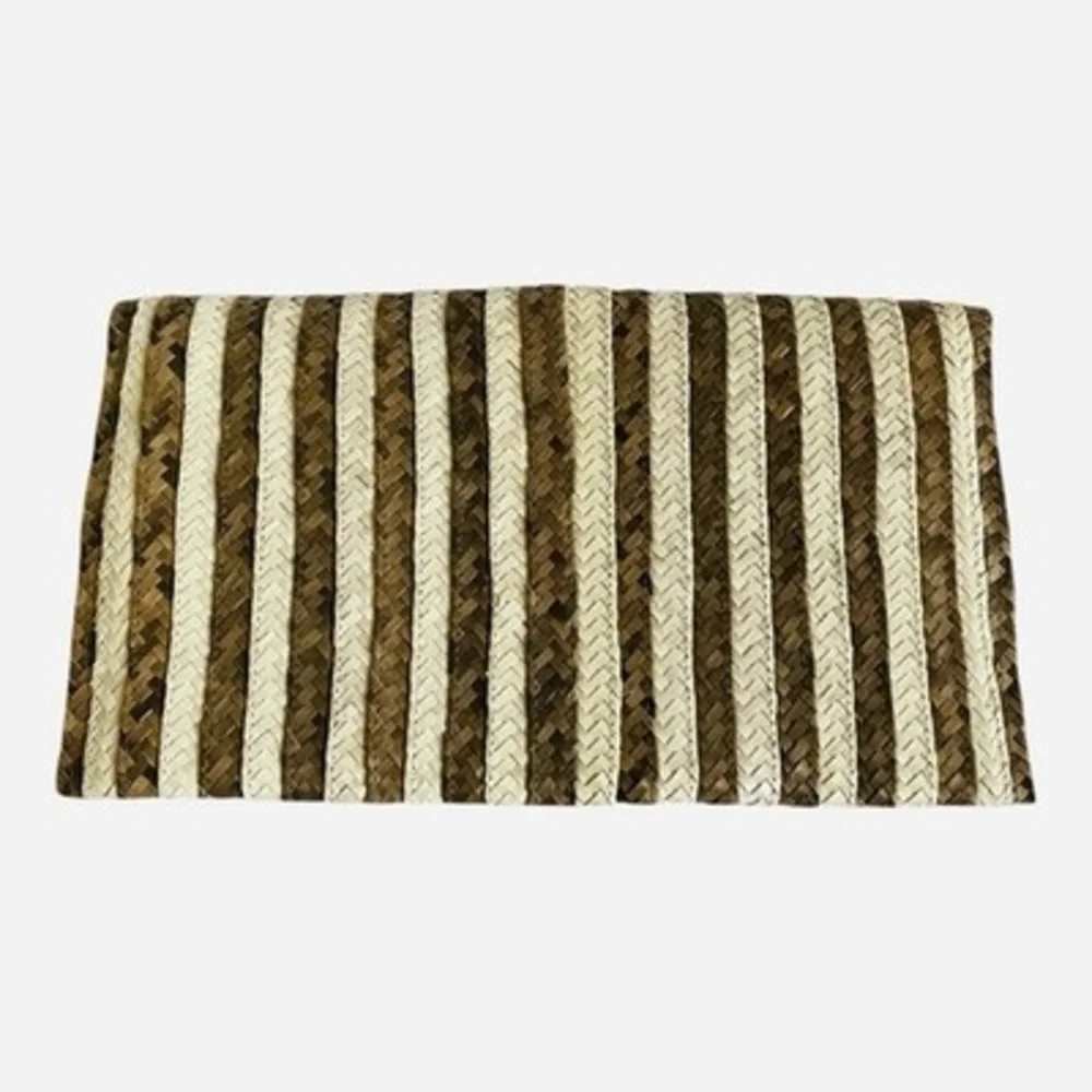 Chic Woven Straw Clutch Bag Brown Beige Stripe Curved Flap Beach Purse 11x6
